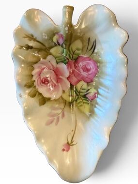 Lefton China Hand-Painted Pink Rose Porcelain Leaf Dish 4” x 7”